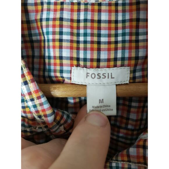 Fossil Men's Long Sleeve Button Down Top Medium Red Yellow Plaid Pocket - Picture 6 of 10
